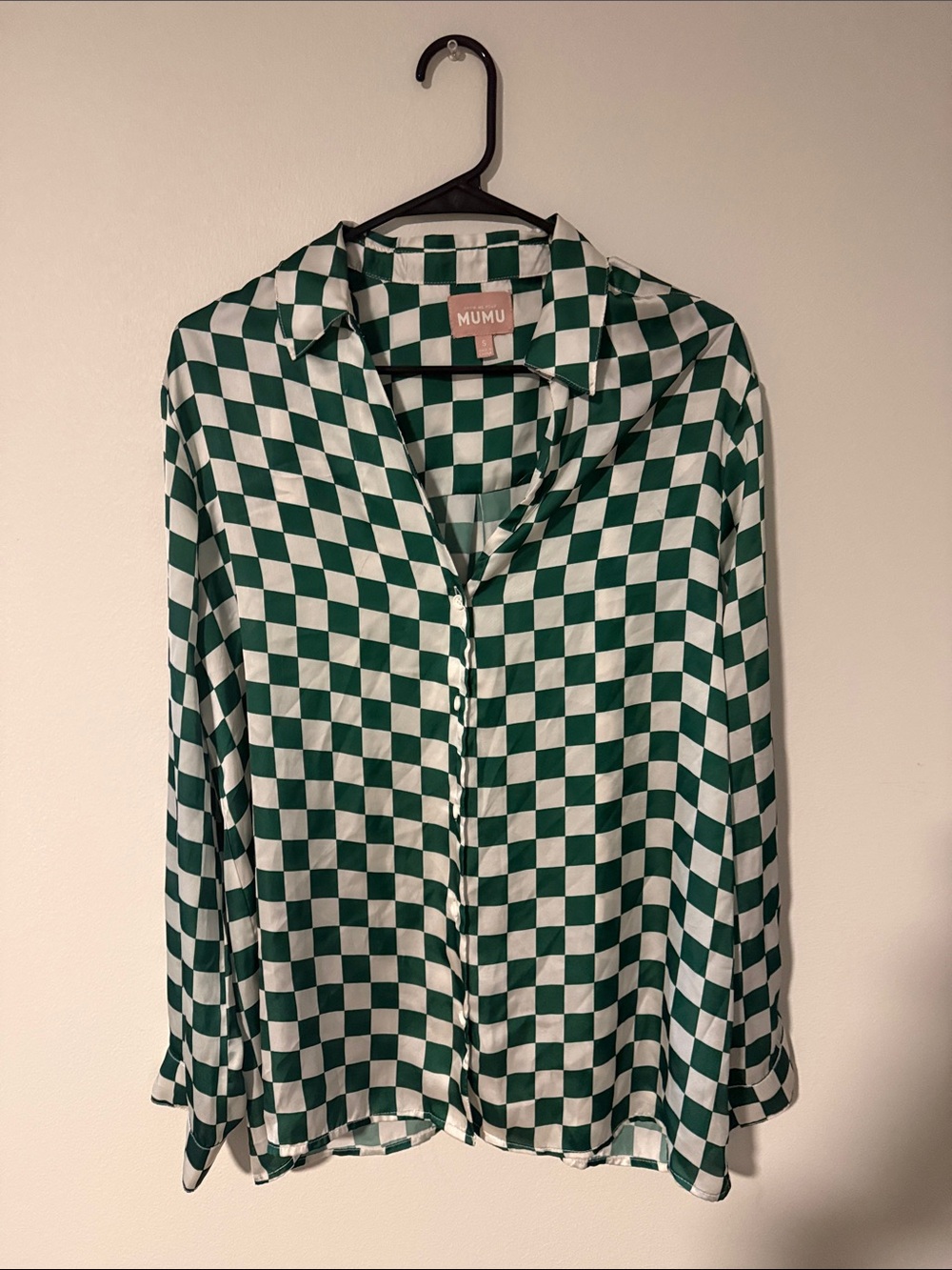 Show Me Your MuMu Green and White Checkered Satin Pajama Top